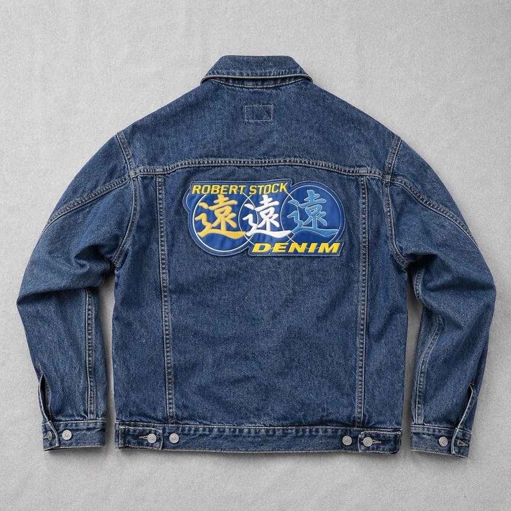 Vintage Robert Stock Denim Jacket Mens XL Blue Leather Patch Back Trucker